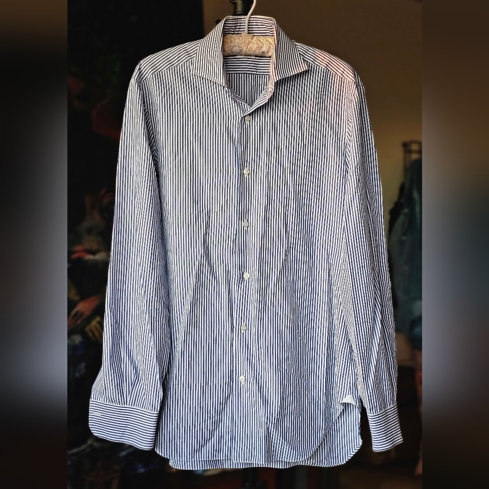 Barba Napoli Mens Navy and White Striped Button Down Shirt